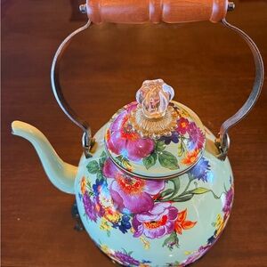 MacKenzie-Childs Floral Enamel Teapot with Wooden Handle - New